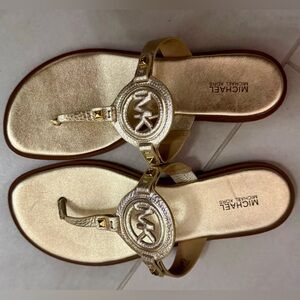Michael Kors Gold Leather MK Logo Thong Sandals Flat Size 8.5